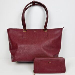 Tumi Sinclair Tote Canvas Coated Travel + Matching Continental Wallet Burgundy